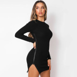 Fashion Solid Color Round Neck Long Sleeves Zipper Bodycon Dress YB9081