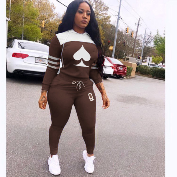 Fashion Pattern Printed Long Sleeves Hooded Sweater With Drawstring Trousers Two Piece Sets LY5870