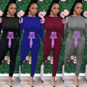 Fashion Solid Color Strappy Round Neck Long Sleeves Top With Trousers Two Piece Sets OEP6232
