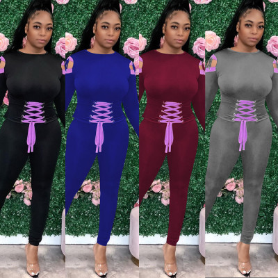 Fashion Solid Color Strappy Round Neck Long Sleeves Top With Trousers Two Piece Sets OEP6232
