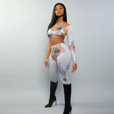 Irregular printed off-shoulder halter top and hip pants suit JY916702