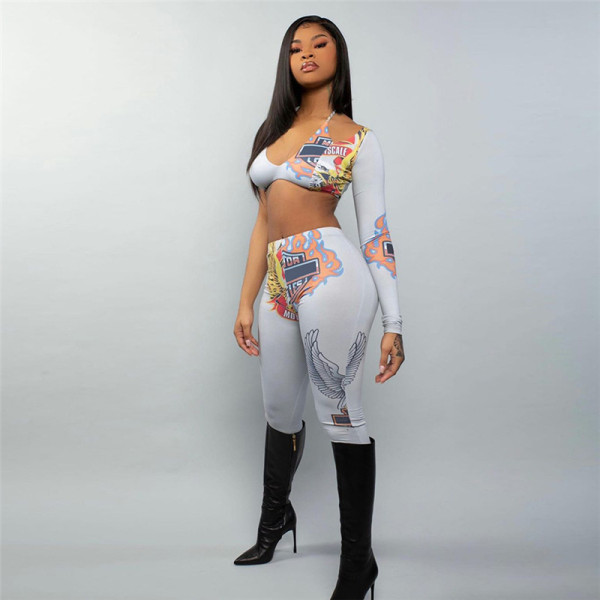 Irregular printed off-shoulder halter top and hip pants suit JY916702