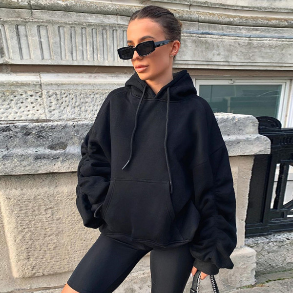 Long sleeve pleated hooded drawstring pocket loose sweatshirt jacket HT8596W0J