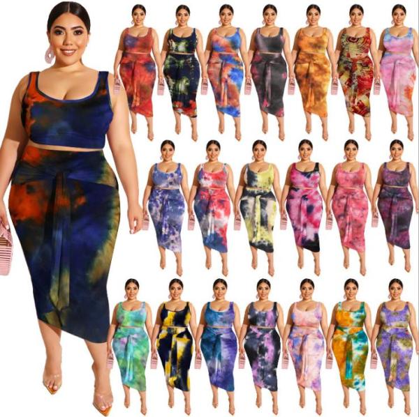 Tie-dye printed tight-fitting hip-fit fashion casual suit plus size Womens two-piece suit OSS20778