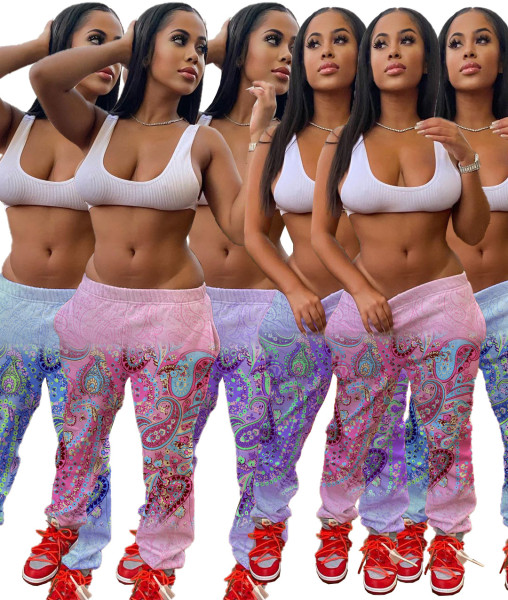 Personalized positioning cashew flower print casual pants LY5892