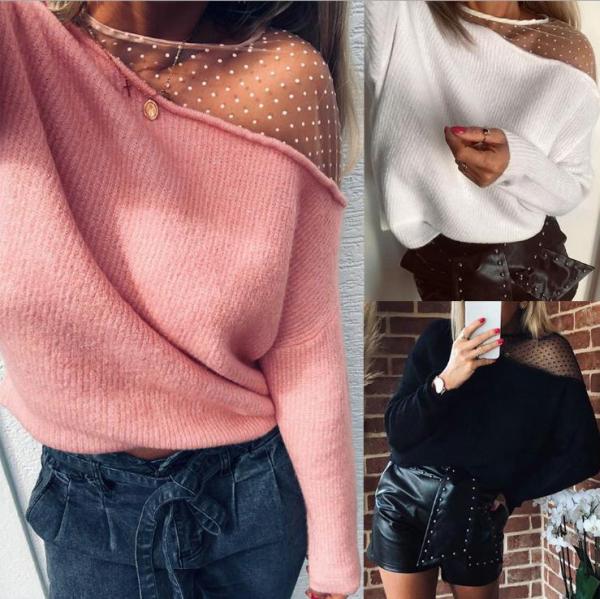 Sexy Solid Color Mesh Stitching Long Sleeves Loose Sweater ZC3851
