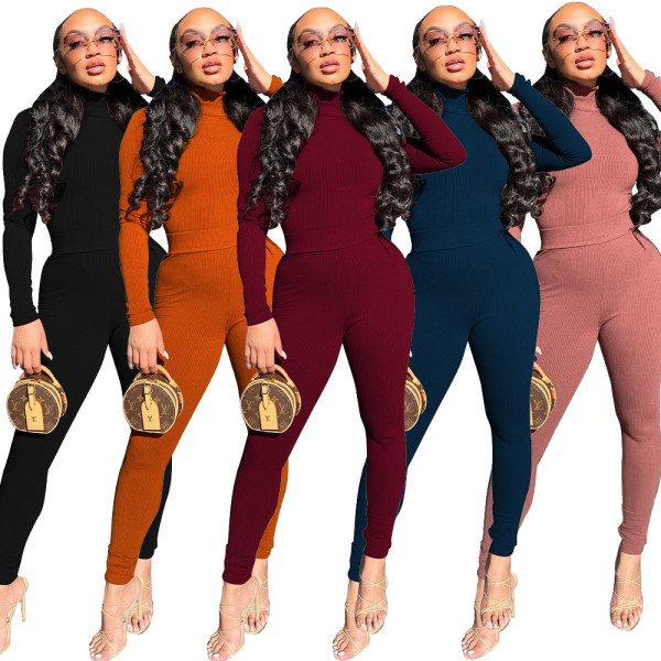 Fashion High Collar Long Sleeves Top With Trousers Two Piece Sets TY1901
