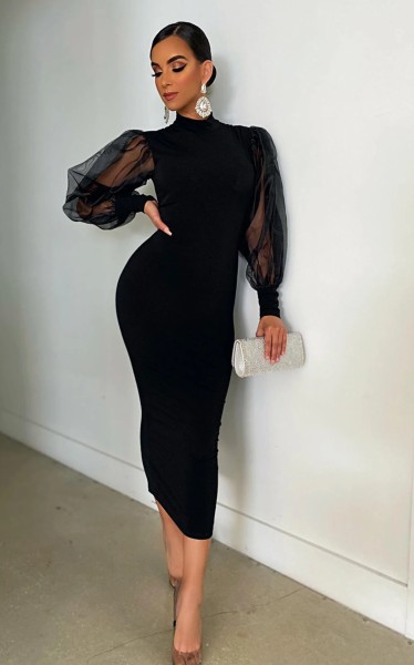 Fashion Solid Color Rould Neck Mesh Ruff Sleeves Midi Skinny Dress YS211-2