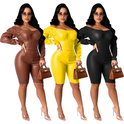 Fashion PU Leather One Shoulder Long Sleeves Zipper Jumpsuit W8340