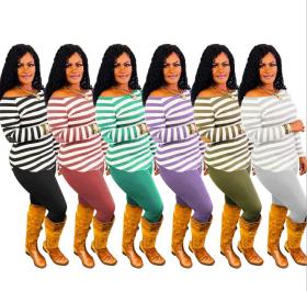 Casual Striped Printed Round Neck Long Sleeves Top With Trousers Two Pieces Sets MN1062