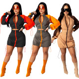 Spliced Contrast Zipper Long Sleeves Cropped Top With Drawstring Mini Skirt Two Piece Sets CM805