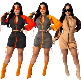 Spliced Contrast Zipper Long Sleeves Cropped Top With Drawstring Mini Skirt Two Piece Sets CM805