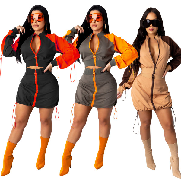 Spliced Contrast Zipper Long Sleeves Cropped Top With Drawstring Mini Skirt Two Piece Sets CM805