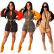 Spliced Contrast Zipper Long Sleeves Cropped Top With Drawstring Mini Skirt Two Piece Sets CM805