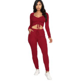 Fashion Solid Color Square Collar Long Sleeves Drawstring Cropped Top With Trousers Two Piece Sets Y