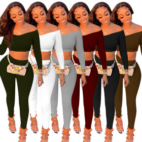 Sexy Solid Color One Shoulder Long Sleeves Mini Top With Drawstring Trousers Two Piece Sets QQM4105