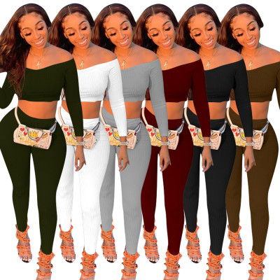 Sexy Solid Color One Shoulder Long Sleeves Mini Top With Drawstring Trousers Two Piece Sets QQM4105