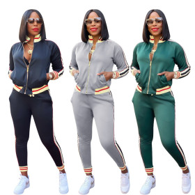 Autumn Contrast Zipper Long Sleeves Cardigan With Trousers Two Piece Sets YZ848
