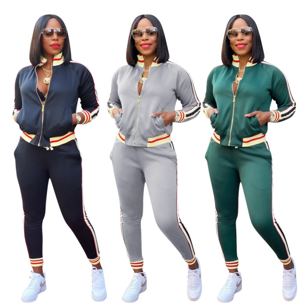 Autumn Contrast Zipper Long Sleeves Cardigan With Trousers Two Piece Sets YZ848