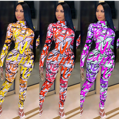 Fashion Printed Round Neck Long Sleeves Skinny Jumpsuit TY1900