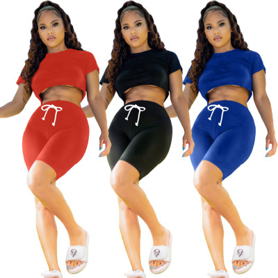 Sexy nightclub summer hot sale solid color two-piece short top and shorts Q1094