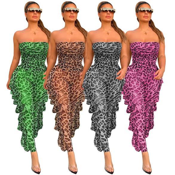 Womens sexy party leopard print see-through tube top jumpsuit nightclub outfit ZSC095