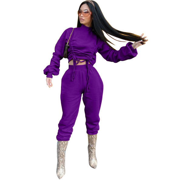 Autumn Solid Color High Collar Long Sleeves Drawstring Mini Top With Trousers Two Piece Sets WYM2028