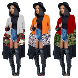 Fashion Contrast Stitching Leopard Printed Long Sleeves Midi Cardigan MTY6381