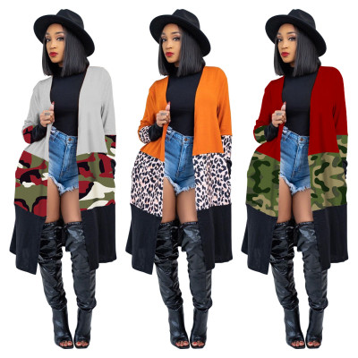 Fashion Contrast Stitching Leopard Printed Long Sleeves Midi Cardigan MTY6381