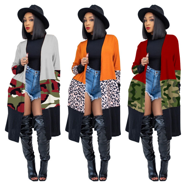 Fashion Contrast Stitching Leopard Printed Long Sleeves Midi Cardigan MTY6381