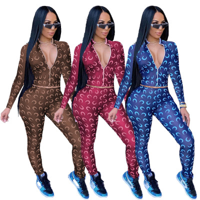 Fashion Printed Zipper Long Sleeves Top With Trousers Two Piece Sets MN8332