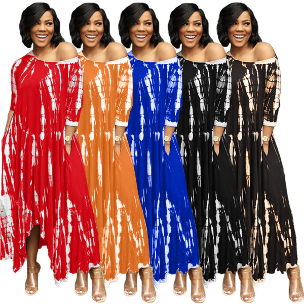 New style long skirt split skirt wide neck tie-dye dress with pockets RM8923