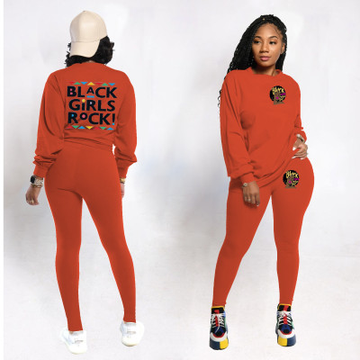 Fashion Letter Printed Round Neck Long Sleeves Top With Trousers Two Pieces Sets MTY6383