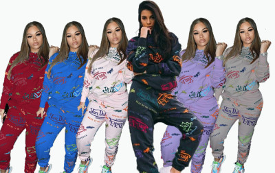 Autumn Pattern Printed Long Sleeves Hooded Sweater With Trousers Two Piece Sets FF1054