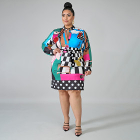 Plus Size Digital Printed Long Sleeves Mini Skinny Dress  ONY5061