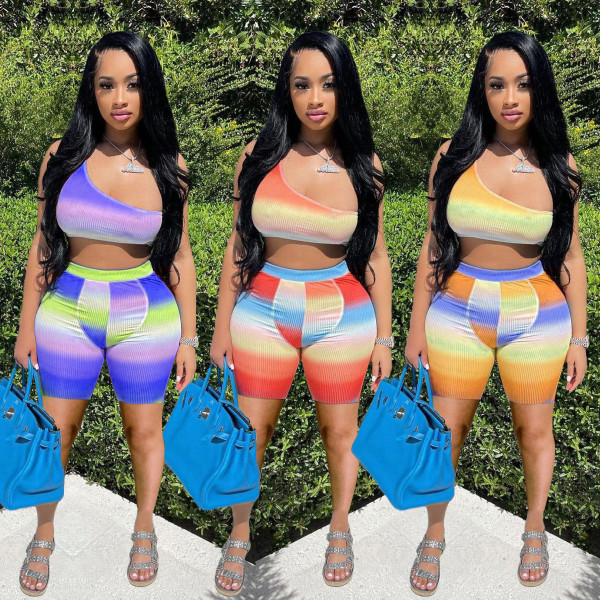 Womens fashion multicolor gradient printing sports two-piece suit SQ945