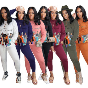 Casual Pattern Printed Round Neck Long Sleeves Top With Trousers Two Piece Sets CM810