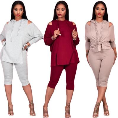 Fashion Solid Color Long Sleeves Hooded Sweater With Trousers Two Piece Sets QQ5222
