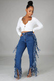 Fashion Solid Color Tassel Split Long Jeans A3236