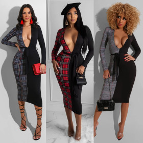 Fashion Plaid Stitching V-Neck Long Sleeves Midi Skinny Dress CY1288