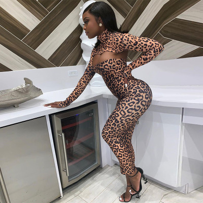 Fashion Leopard Printed High Collar Long Sleeves Midi Skinny Dress A20665S