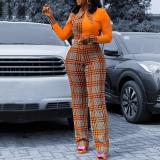 Fashion Plaid Stitching Long Sleeves Straight Pants Plus Size Jumpsuit XCSD9901