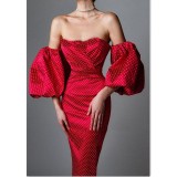 Sexy Printed Off Shoulder Short Puff Sleeves Backless Midi Dress TH9384