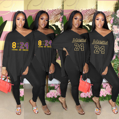 Casual Letter Printed V-Neck Long Sleeves Top With Trousers Plus Size Two Pieces Sets FS3644