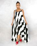 Fashion Striped Printed Suspenders Backless Irregular Long Dress PP007