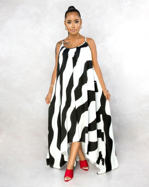 Fashion Striped Printed Suspenders Backless Irregular Long Dress PP007