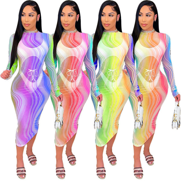 Tie-dye gradient sexy see-through dress MY9872