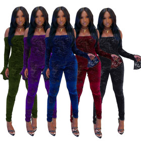 Sexy Tie Dye Printed Off Shoulder Flared Long Sleeves Skinny Jumpsuit BNY7141