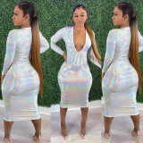 Sexy Sequins V-Neck Long Sleeves Plus Size Midi Skinny Dress Q2949