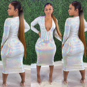 Sexy Sequins V-Neck Long Sleeves Plus Size Midi Skinny Dress Q2949